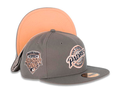 San Diego Padres New Era MLB 59FIFTY 5950 Fitted Cap Hat Dark Gray Crown/Visor Navy/Peach/White Baseball Club Cooperstown Retro Logo 1992 All-Star Game Side Patch Peach UV
