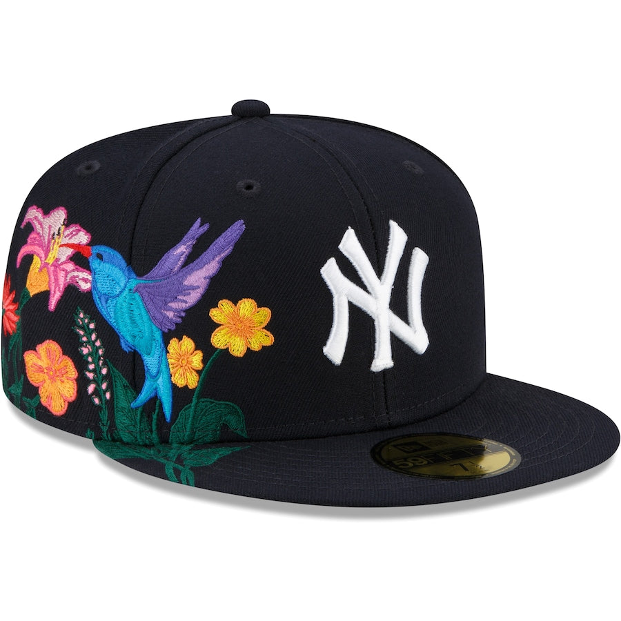 New York Yankees New Era MLB 59FIFTY 5950 Fitted Cap Hat Dark Navy Crown/Visor White Logo (Blooming)