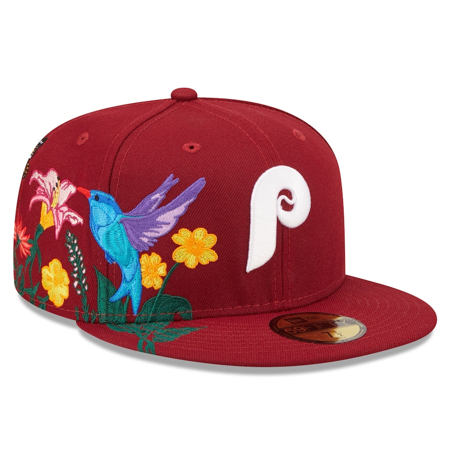 Philadelphia Phillies New Era MLB 59FIFTY 5950 Fitted Cap Hat Maroon Crown/Visor Team Color Retro Logo (Blooming)