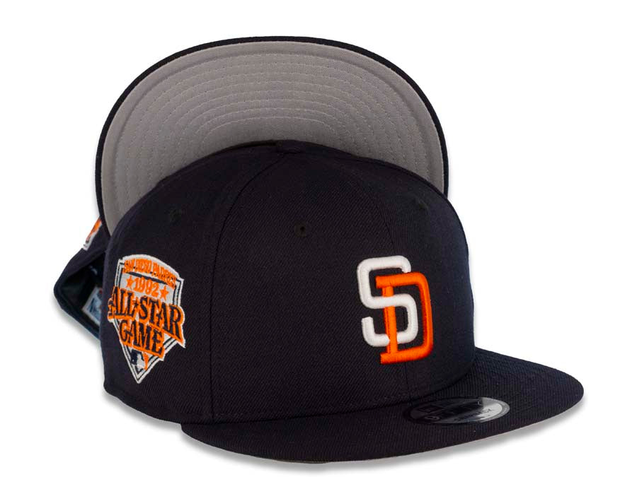 San Diego Padres New Era MLB 9FIFTY 950 Snapback Cap Hat Dark Navy Crown/Visor White/Orange Logo 1992 All-Star Game Side Patch Gray UV