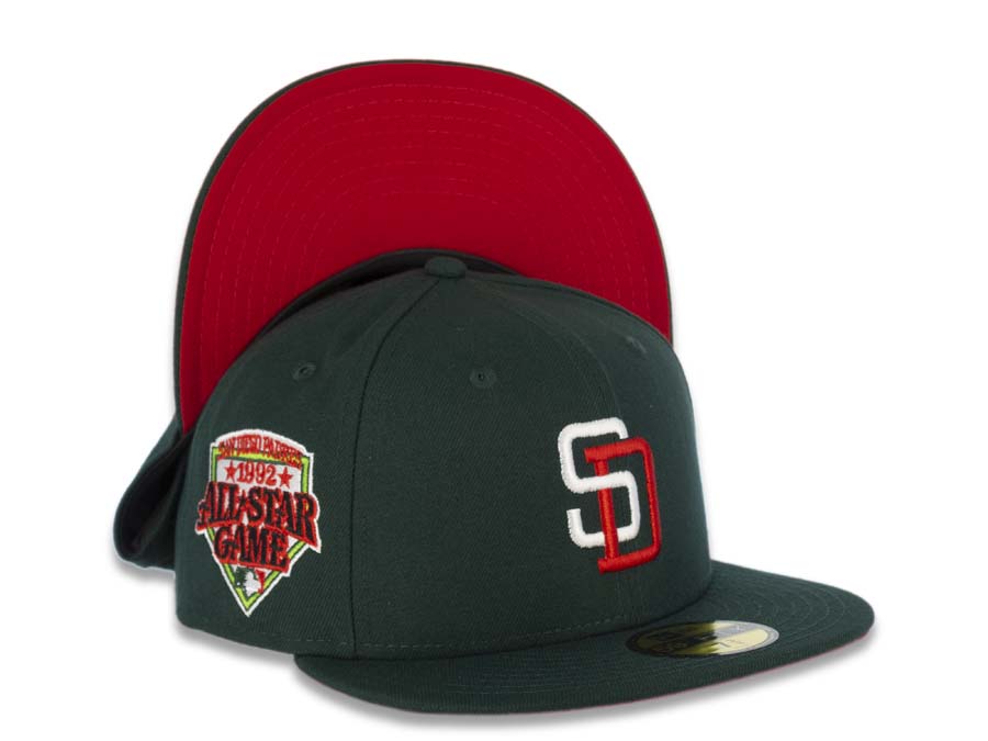 San Diego Padres New Era MLB 59FIFTY 5950 Fitted Cap Hat Dark Green Crown/Visor White/Red Logo 1992 All-Star Game Side Patch Red UV