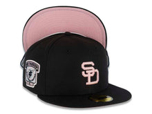 Load image into Gallery viewer, San Diego Padres New Era MLB 59FIFTY 5950 Fitted Cap Hat Black Crown/Visor Pink Cooperstown Retro Logo Go Padres Side Patch Pink UV
