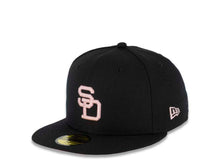 Load image into Gallery viewer, San Diego Padres New Era MLB 59FIFTY 5950 Fitted Cap Hat Black Crown/Visor Pink Cooperstown Retro Logo Go Padres Side Patch Pink UV
