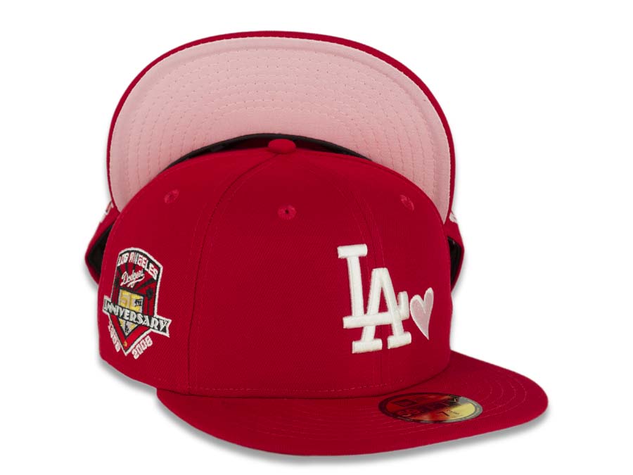 Los Angeles Dodgers New Era MLB 59FIFTY 5950 Fitted Cap Hat Red Crown/Visor White Logo with Heart 50h Anniversary Side Patch Pink UV 