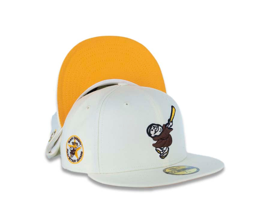 San Diego Padres New Era MLB 59FIFTY 5950 Fitted Cap Hat Chrome White Crown/Visor Brown/Yellow Swinging Friar Logo 1978 All-Star Game Side Patch Yellow UV 
