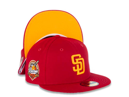 San Diego Padres New Era MLB 59FIFTY 5950 Fitted Cap Hat Red Crown/Visor Yellow Logo 40th Anniversary Side Patch Yellow UV