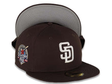 Load image into Gallery viewer, San Diego Padres New Era MLB 59FIFTY 5950 Fitted Cap Hat Dark Brown Crown/Visor White Logo 40th Anniversary Side Patch Gray UV
