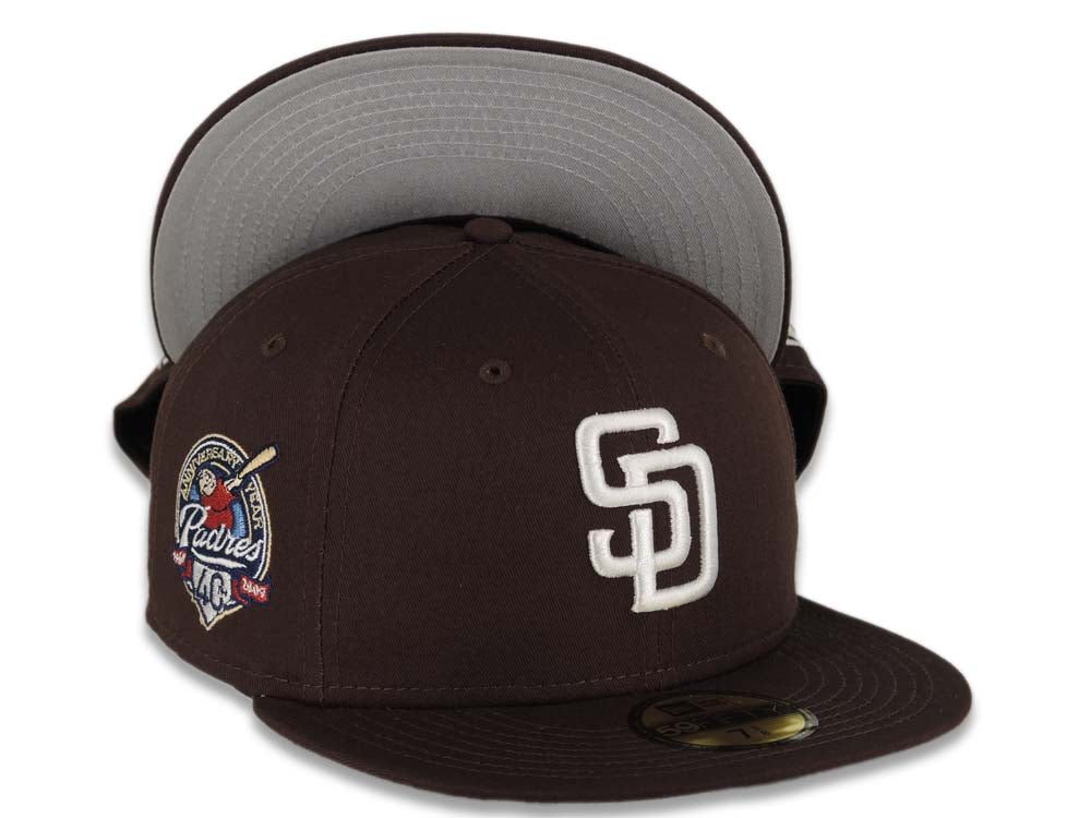 San Diego Padres New Era MLB 59FIFTY 5950 Fitted Cap Hat Dark Brown Crown/Visor White Logo 40th Anniversary Side Patch Gray UV