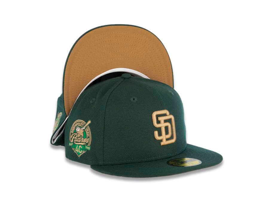 San Diego Padres New Era MLB 59FIFTY 5950 Fitted Cap Hat Dark Green Crown/Visor Wheat Logo 40th Anniversary Side Patch Wheat UV