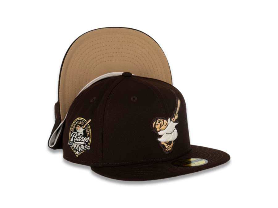 San Diego Padres New Era MLB 59FIFTY 5950 Fitted Cap Hat Dark Brown Crown/Visor Dark Brown/White Swinging Friar Logo 40th Anniversary Side Patch
