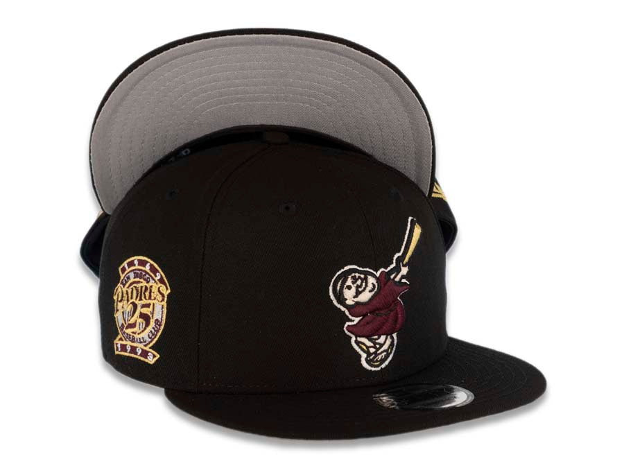 San Diego Padres New Era MLB 9FIFTY 950 Snapback Cap Hat Black Crown/Visor Maroon/Metallic Gold Swinging Friar Logo 25th Anniversary Side Patch Gray UV