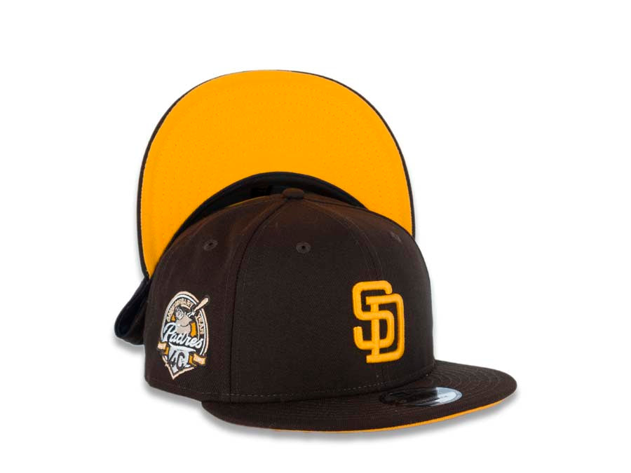 San Diego Padres New Era MLB 9FIFTY 950 Snapback Cap Hat Dark Brown Crown/Visor Team Color Logo 40th Anniversary Side Patch Yellow UV