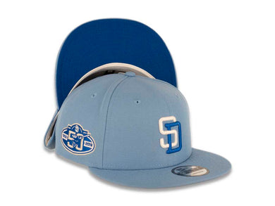 San Diego Padres New Era MLB 9FIFTY 950 Snapback Cap Hat Sky Blue Crown/Visor White/Dark Blue Logo 50th Anniversary Side Patch Dark Blue UV