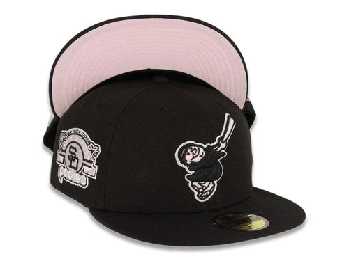San Diego Padres New Era MLB 59FIFTY 5950 Fitted Cap Hat Black Crown/Visor Black/Pink Swining Friar Logo Stadium Side Patch Pink UV