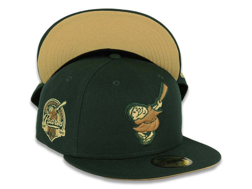 San Diego Padres New Era MLB 59FIFTY 5950 Fitted Cap Hat Dark Green Crown/Visor Wheat/Yellow Green Friar Logo 40th Anniversary Side Patch Yellow UV