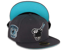 Load image into Gallery viewer, San Diego Padres New Era MLB 59FIFTY 5950 Fitted Cap Hat Dark Gray Crown/Visor Black/Sky Blue Swinging Friar Logo Go Padres Side Patch Turquoise UV
