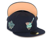 Load image into Gallery viewer, San Diego Padres New Era MLB 59FIFTY 5950 Fitted Cap Hat Navy Blue Crown/Visor Light Teal Swinging Friar Logo 1998 World Series Side Patch Orange UV
