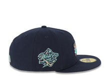 Load image into Gallery viewer, San Diego Padres New Era MLB 59FIFTY 5950 Fitted Cap Hat Navy Blue Crown/Visor Light Teal Swinging Friar Logo 1998 World Series Side Patch Orange UV
