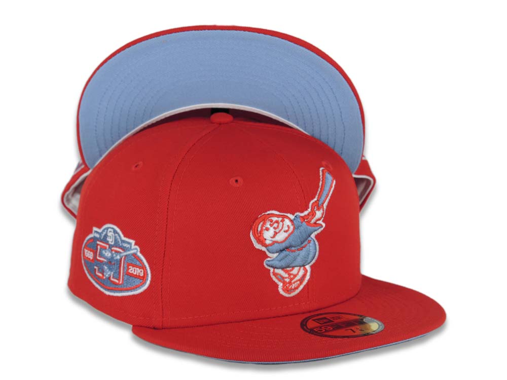 San Diego Padres New Era MLB 59FIFTY 5950 Fitted Cap Hat Red Crown/Visor Sky Blue/Red Swinging Friar Logo 50th Anniversary Side Patch Sky Blue UV