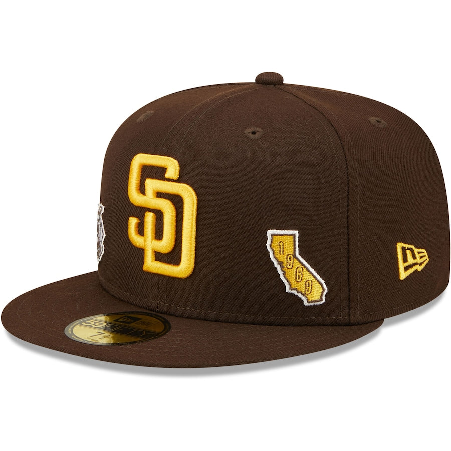 San Diego Padres New Era MLB 59FIFTY 5950 Fitted Cap Hat Dark Brown Crown/Visor Yellow Team Color Logo (Identity)