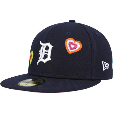 Detroit Tigers New Era MLB 59FIFTY 5950 Fitted Cap Hat Navy Blue Crown/Visor Team Color Logo Pink UV (Chain Stitch Heart )