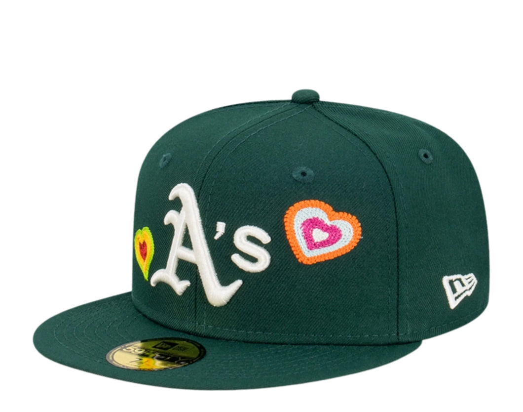 Oakland A's Athletics New Era MLB 59FIFTY 5950 Fitted Cap Hat Dark Green Crown/Visor Team Color Logo (Chain Stitch Heart)