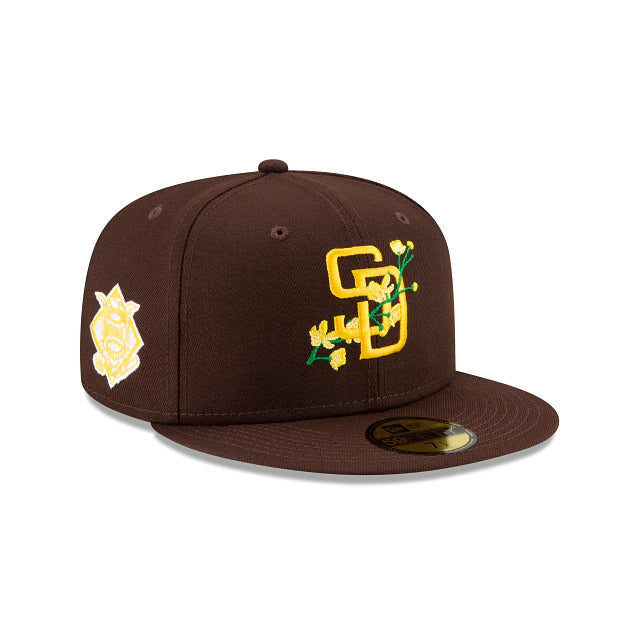 San Diego Padres New Era MLB 59FIFTY 5950 Fitted Cap Hat Dark Brown Crown/Visor Team Color Logo (Side Patch Bloom) 