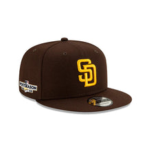 Load image into Gallery viewer, San Diego Padres New Era MLB 9FIFTY 950 Snapback Cap Hat Dark Brown Crown/Visor Team Color Logo 2022 PostSeason Side Patch 
