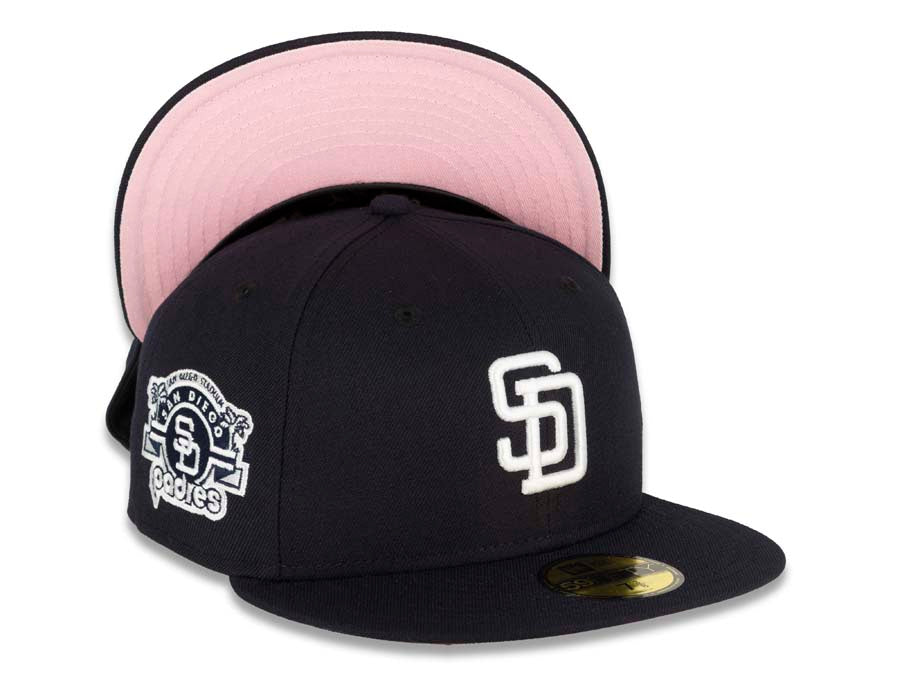 San Diego Padres New Era MLB 59FIFTY 5950 Fitted Cap Hat Navy Crown/Visor White Logo Stadium Side Patch Pink UV 