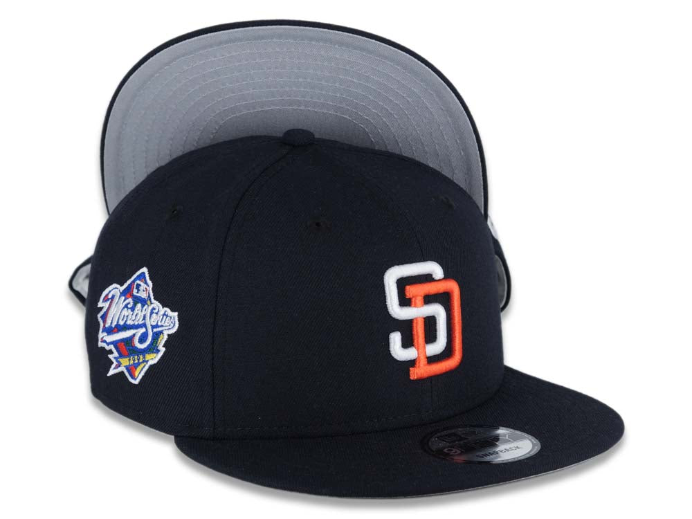 San Diego Padres New Era MLB 9FIFTY 950 Snapback Cap Hat Navy Crown/Visor White/Orange Logo 1998 World Series Side Patch (Tony Gwynn)