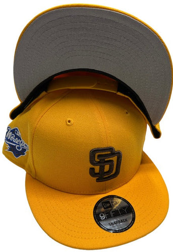 San Diego Padres New Era MLB 9FIFTY 950 Snapback Cap Hat Yellow Crown/Visor Dark Brown Logo 1998 World Series Side Patch Gray UV