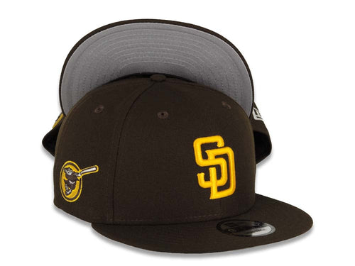 San Diego Padres New Era MLB 9FIFTY 950 Snapback Cap Hat Brown Crown/Visor Yellow Logo Swinging Friar Circle Side Patch Gray UV