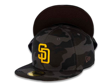 San Diego Padres New Era MLB 59FIFTY 5950 Fitted Cap Hat Black Camo Crown/Visor Yellow Logo Dark Brown UV