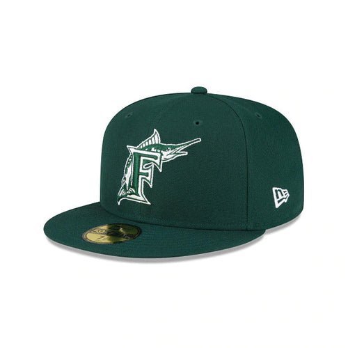Florida Marlins New Era MLB 59FIFTY 5950 Fitted Cap Hat Dark Green Crown/Visor Dark Green Logo Gray UV