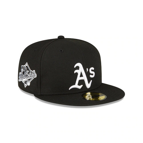 Oakland Athletics New Era MLB 59FIFTY 5950 Fitted Cap Hat Black Crown/Visor White Logo 1989 World Series Side Patch Gray UV