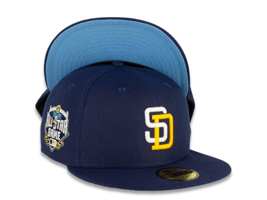 San Diego Padres New Era MLB 59FIFTY 5950 Fitted Cap Hat Light Navy Crown/Visor White/Yellow Logo 2016 All-Star Game Side Patch Sky Blue UV