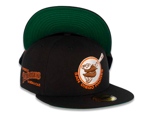 San Diego Padres New Era MLB 59FIFTY 5950 Fitted Cap Hat Black Crown/Visor Brown/Orange Swinging Friar Logo Baseball Club Side Patch Green UV