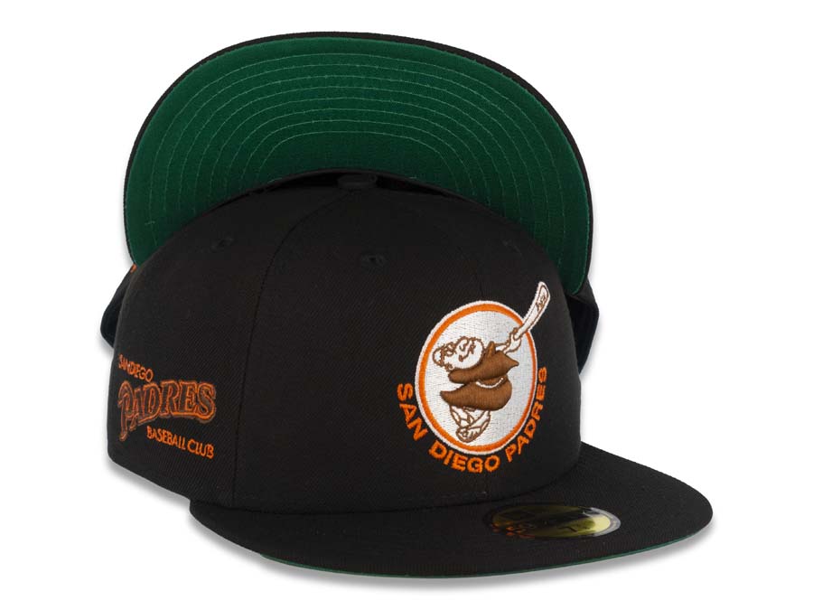 San Diego Padres New Era MLB 59FIFTY 5950 Fitted Cap Hat Black Crown/Visor Brown/Orange Swinging Friar Logo Baseball Club Side Patch Green UV