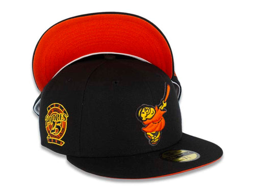 San Diego Padres New Era MLB 59FIFTY 5950 Fitted Cap Hat Black Crown/Visor Orange/Yellow Swinging Friar Logo 25th Anniversary Side Patch Orange UV