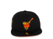 Load image into Gallery viewer, San Diego Padres New Era MLB 59FIFTY 5950 Fitted Cap Hat Black Crown/Visor Orange/Yellow Swinging Friar Logo 25th Anniversary Side Patch Orange UV
