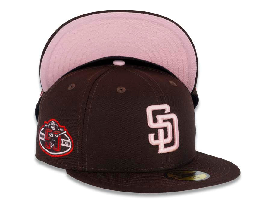 San Diego Padres New Era MLB 59FIFTY 5950 Fitted Cap Hat Dark Brown Crown/Visor Pink Logo 50th Anniversary Side Patch Pink UV