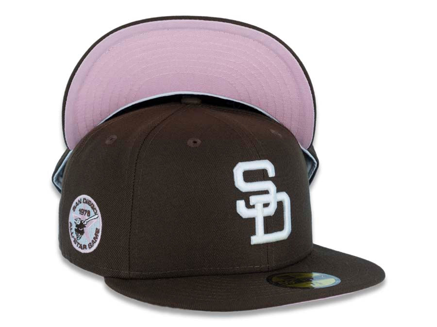 San Diego Padres New Era MLB 59FIFTY 5950 Fitted Cap Hat Brown Crown/Visor White Cooperstown Retro Logo 1978 All-Star Game Side Patch Pink UV 