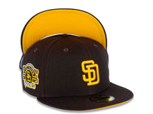 Load image into Gallery viewer, San Diego Padres New Era MLB 59FIFTY 5950 Fitted Cap Hat Dark Brown Crown/Visor Yellow Logo Stadium Side Patch Yellow UV
