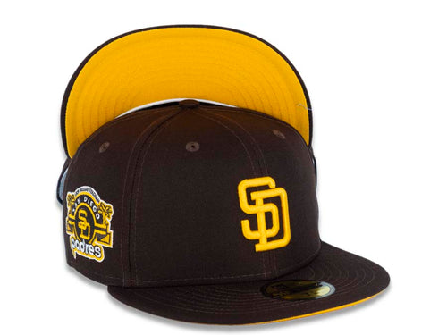 San Diego Padres New Era MLB 59FIFTY 5950 Fitted Cap Hat Dark Brown Crown/Visor Yellow Logo Stadium Side Patch Yellow UV