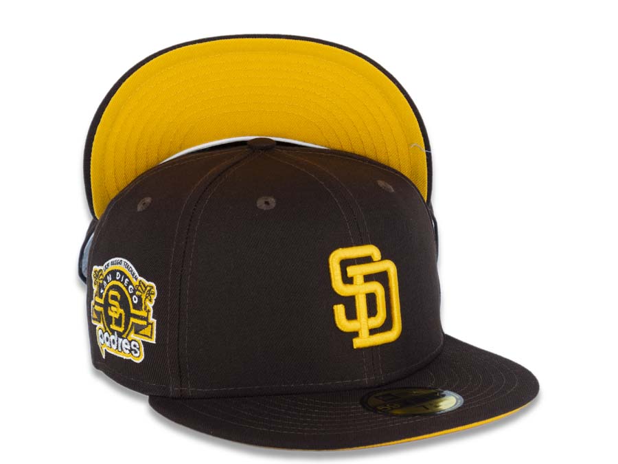 San Diego Padres New Era MLB 59FIFTY 5950 Fitted Cap Hat Dark Brown Crown/Visor Yellow Logo Stadium Side Patch Yellow UV
