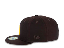 Load image into Gallery viewer, San Diego Padres New Era MLB 59FIFTY 5950 Fitted Cap Hat Dark Brown Crown/Visor Yellow Logo Stadium Side Patch Yellow UV

