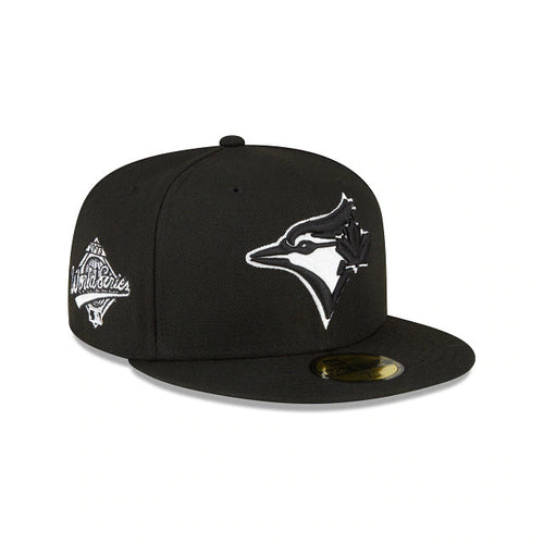 Toronto Blue Jays New Era MLB 59FIFTY 5950 Fitted Cap Hat Black Crown/Visor Black/White Logo 1993 World Series Side Patch Gray UV