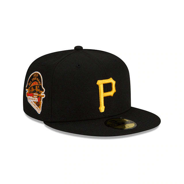 Pittsburgh Pirates New Era MLB 59FIFTY 5950 Fitted Cap Hat Black Crown/Visor Yellow Logo 1959 All-Star Game Side Patch Gray UV