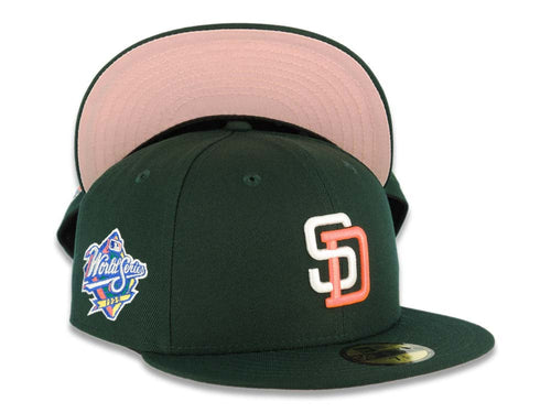 San Diego Padres New Era MLB 59FIFTY 5950 Fitted Cap Hat Dark Green Crown/Visor White/Pink Glow Logo 1998 World Series Side Patch Pink UV
