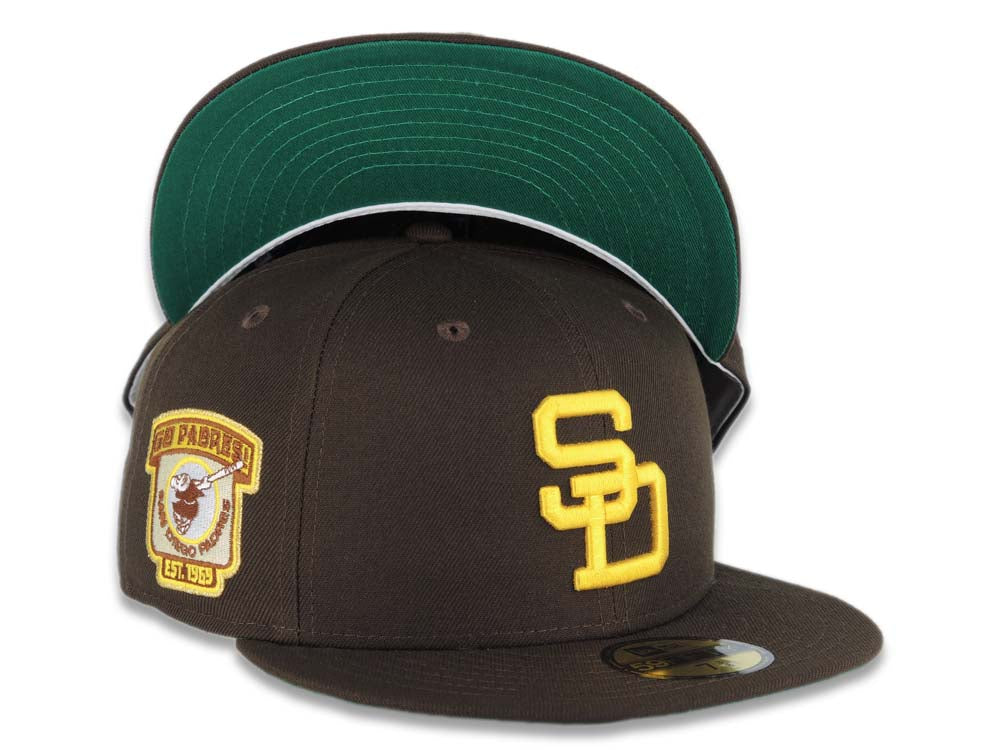 San Diego Padres New Era MLB 59FIFTY 5950 Fitted Cap Hat Brown Crown/Visor Yellow Logo Stadium Side Patch Green UV